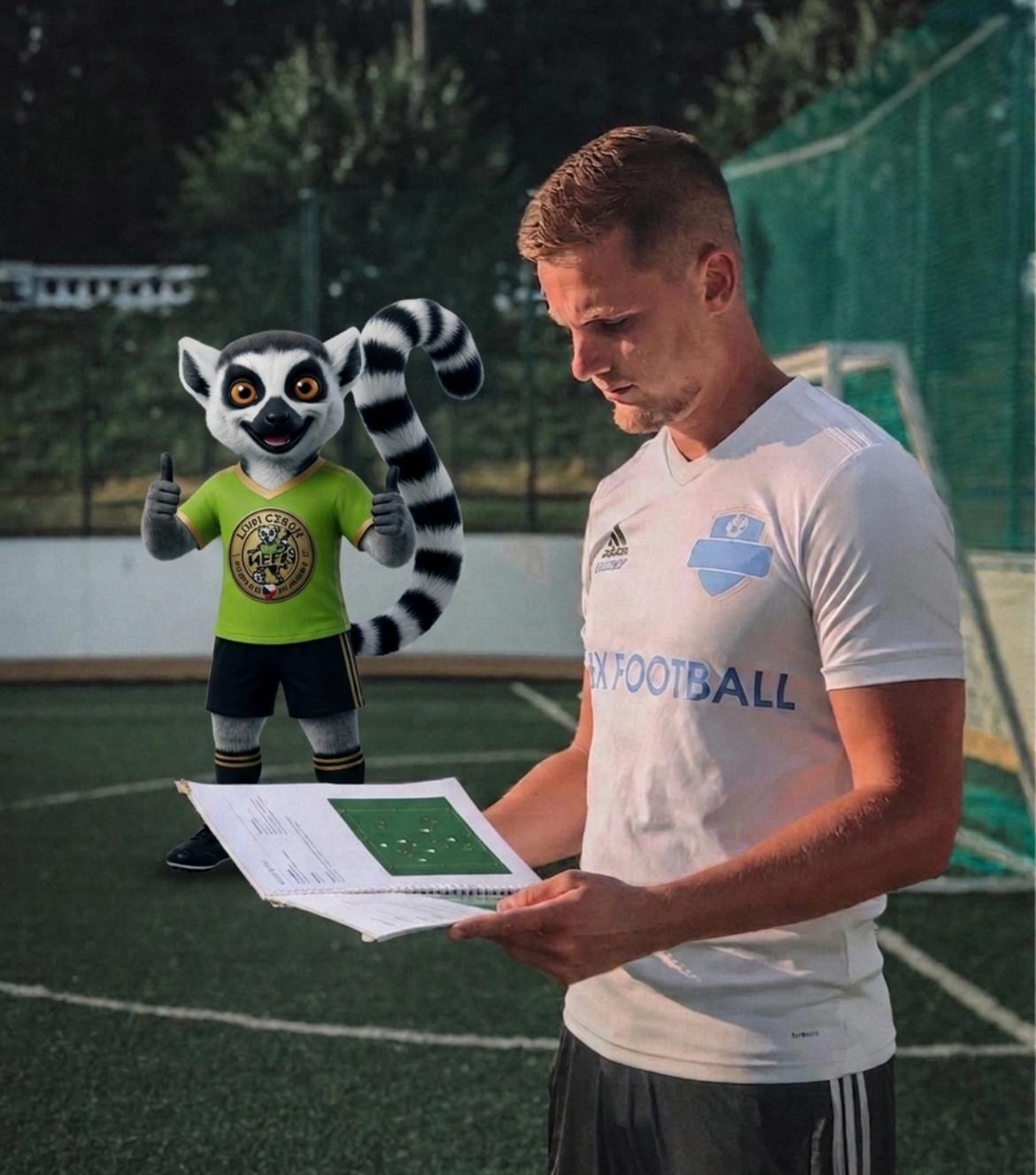 Alex preparing a training plan on the pitch with the LUMI mascot