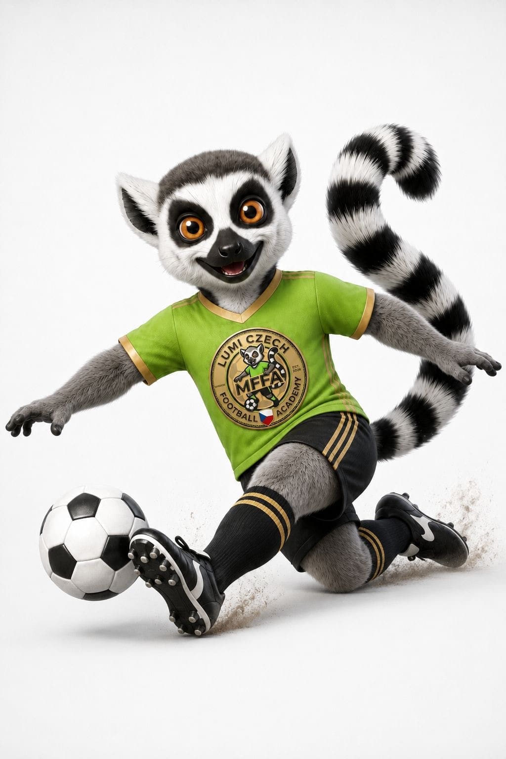 Lumi mascot kicking a ball in LUMI Czech Football Academy kit